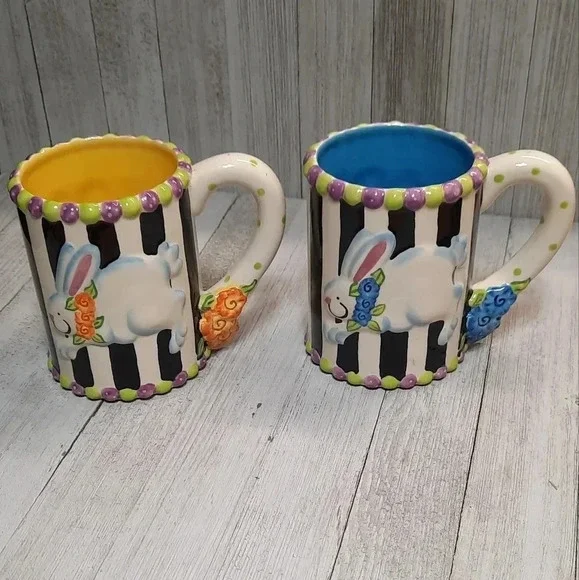Essentials by Home Set of  2 Easter Floral Rabbit Large Coffee Mugs Whimsical - Picture 4 of 6
